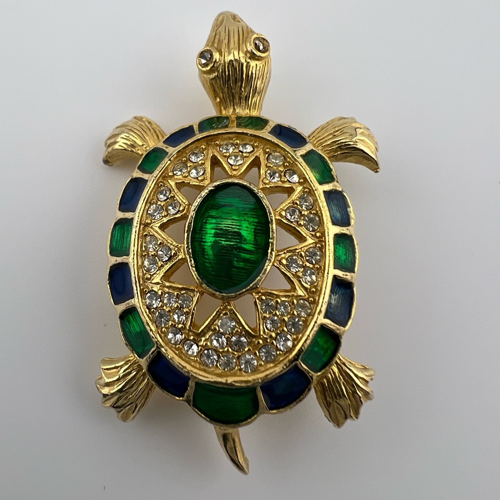 Polcini Gold Tone Turtle Brooch/Pin. Green Emanel & Clear Stone Eyes. Used.